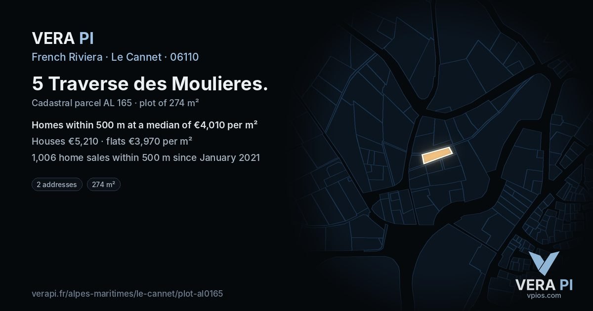5 Traverse des Moulieres, Le Cannet at night – the plot lit, the parcels around coloured by the prices near them