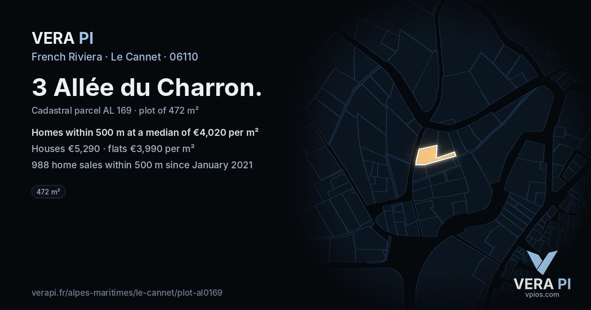3 Allée du Charron, Le Cannet at night – the plot lit, the parcels around coloured by the prices near them