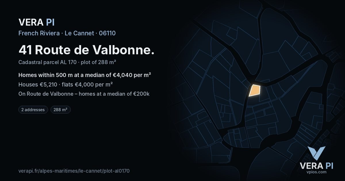 41 Route de Valbonne, Le Cannet at night – the plot lit, the parcels around coloured by the prices near them