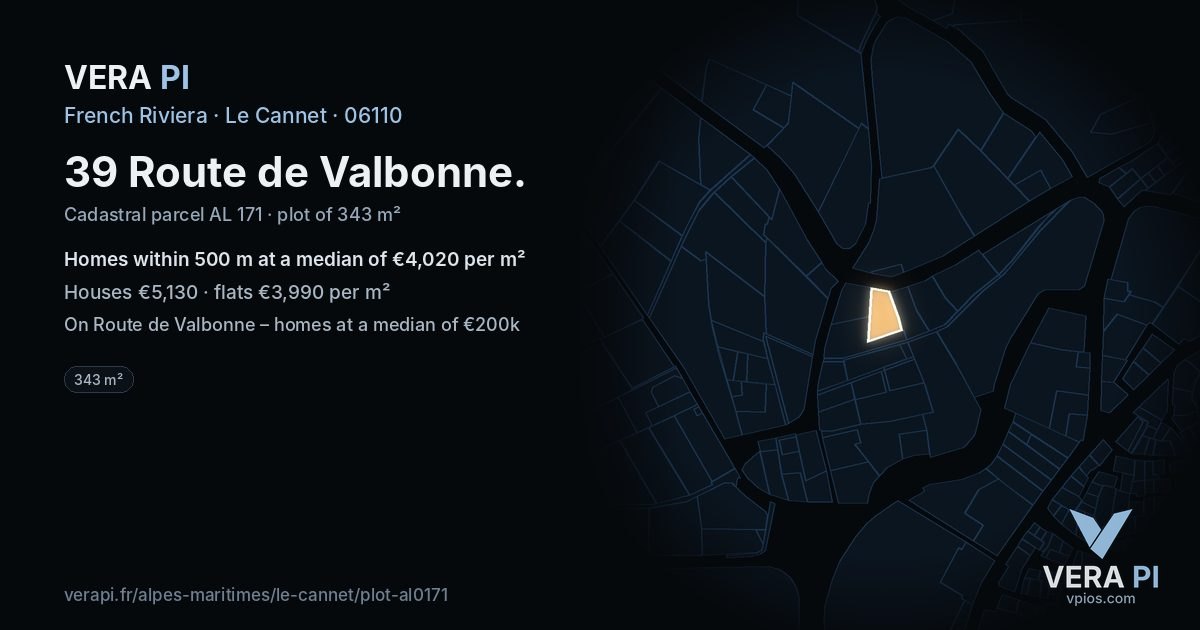 39 Route de Valbonne, Le Cannet at night – the plot lit, the parcels around coloured by the prices near them