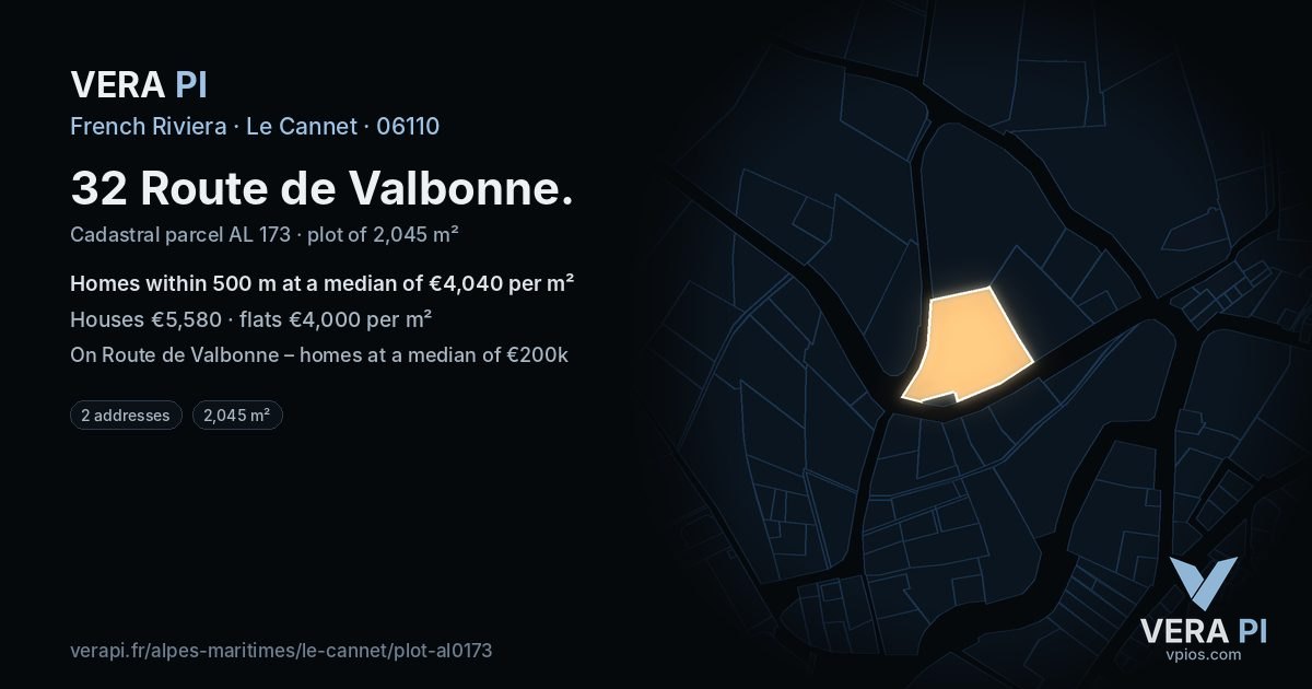 32 Route de Valbonne, Le Cannet at night – the plot lit, the parcels around coloured by the prices near them