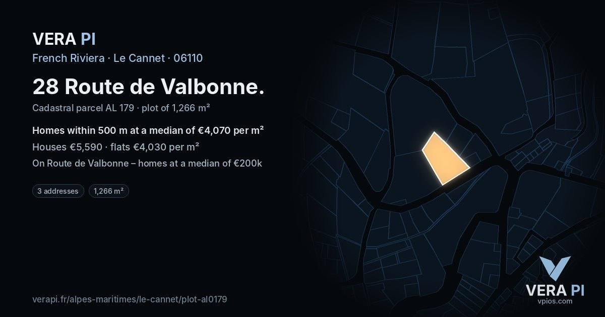 28 Route de Valbonne, Le Cannet at night – the plot lit, the parcels around coloured by the prices near them