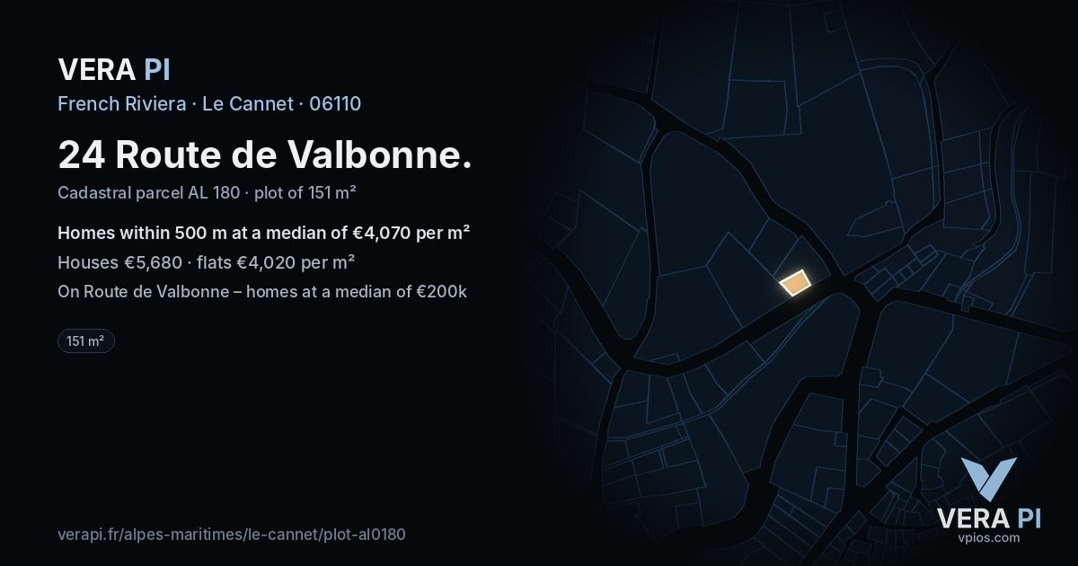 24 Route de Valbonne, Le Cannet at night – the plot lit, the parcels around coloured by the prices near them