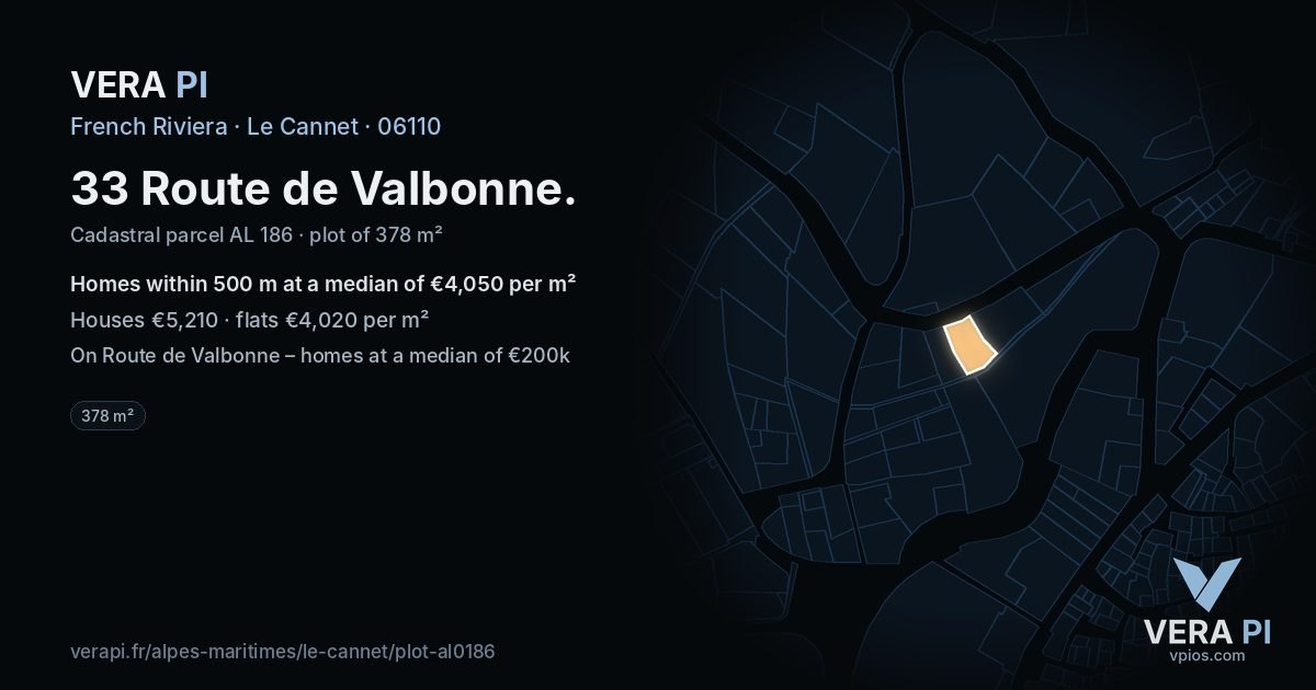33 Route de Valbonne, Le Cannet at night – the plot lit, the parcels around coloured by the prices near them
