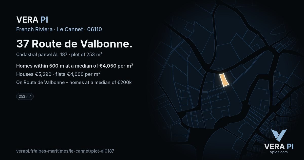 37 Route de Valbonne, Le Cannet at night – the plot lit, the parcels around coloured by the prices near them