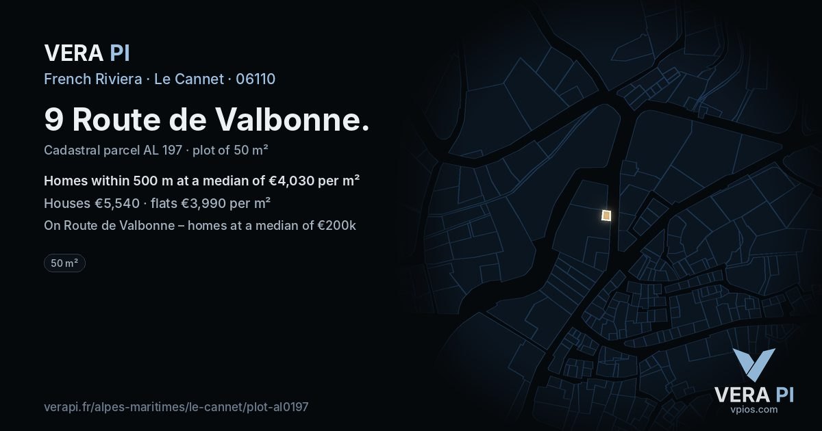 9 Route de Valbonne, Le Cannet at night – the plot lit, the parcels around coloured by the prices near them