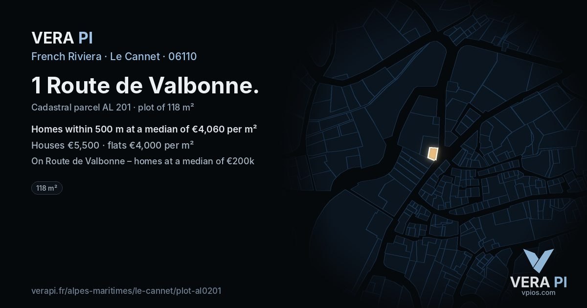 1 Route de Valbonne, Le Cannet at night – the plot lit, the parcels around coloured by the prices near them