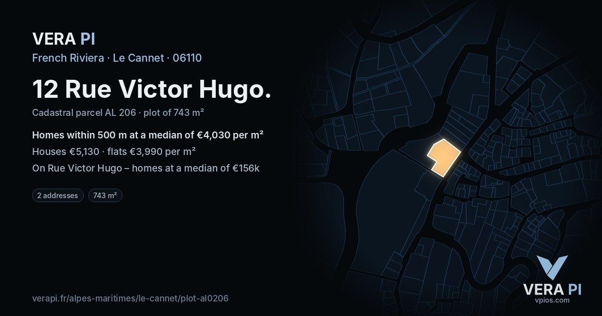 12 Rue Victor Hugo, Le Cannet at night – the plot lit, the parcels around coloured by the prices near them
