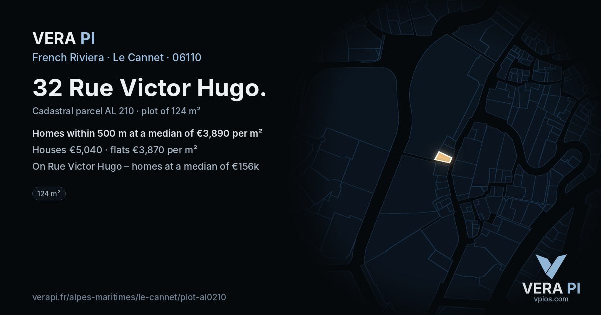 32 Rue Victor Hugo, Le Cannet at night – the plot lit, the parcels around coloured by the prices near them