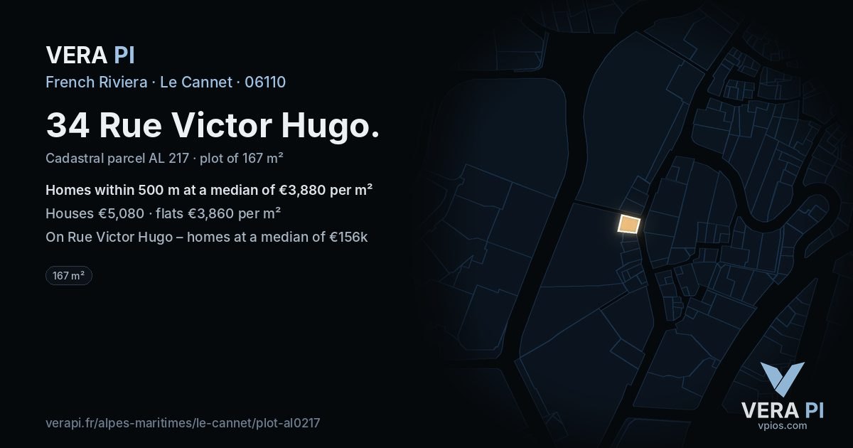34 Rue Victor Hugo, Le Cannet at night – the plot lit, the parcels around coloured by the prices near them