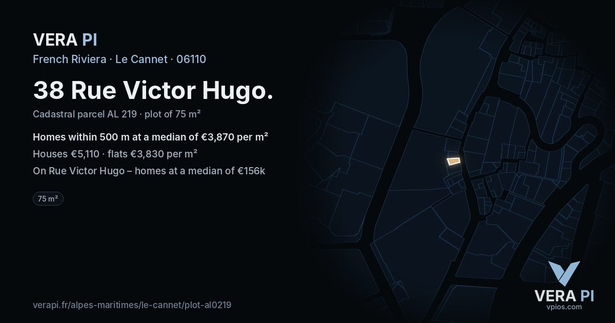 38 Rue Victor Hugo, Le Cannet at night – the plot lit, the parcels around coloured by the prices near them