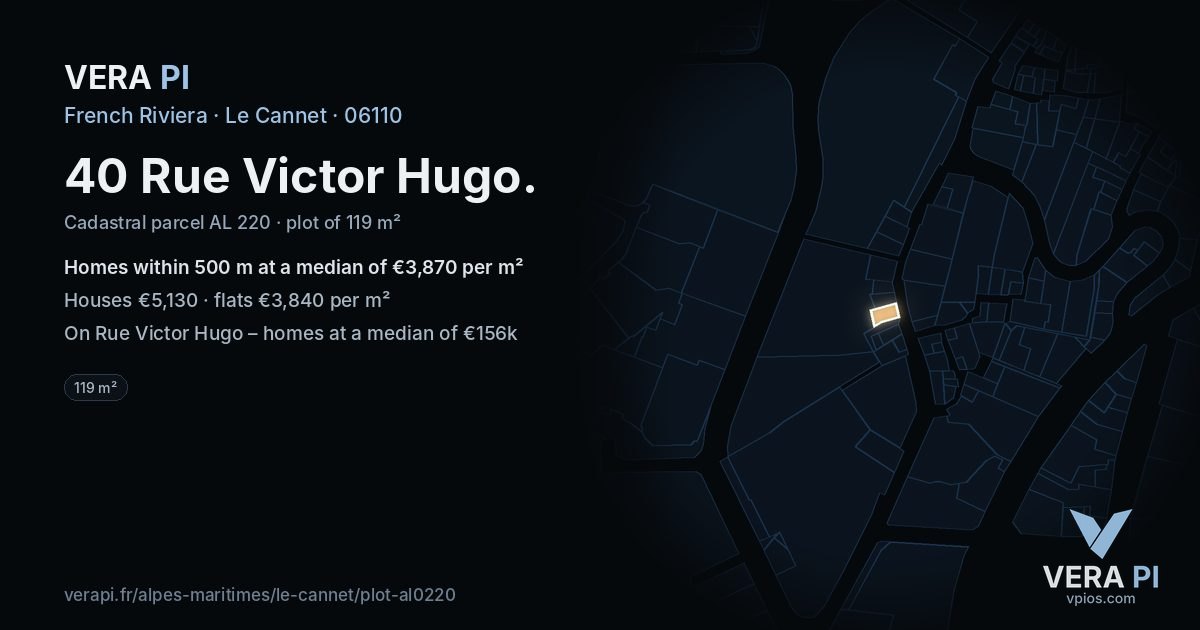 40 Rue Victor Hugo, Le Cannet at night – the plot lit, the parcels around coloured by the prices near them
