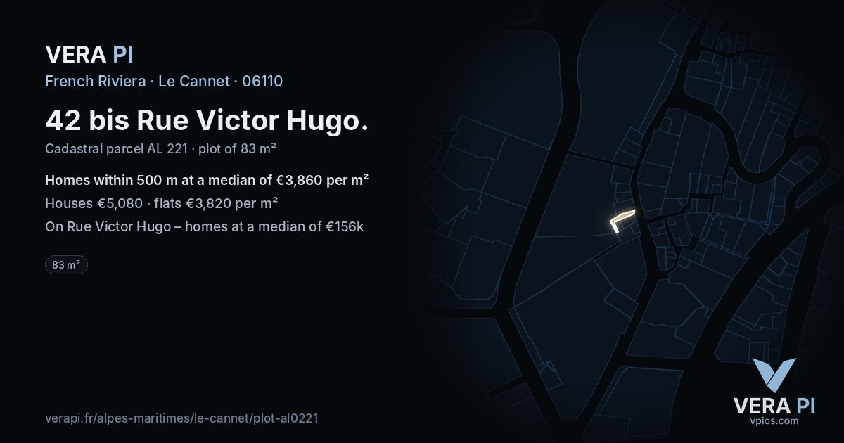 42 bis Rue Victor Hugo, Le Cannet at night – the plot lit, the parcels around coloured by the prices near them
