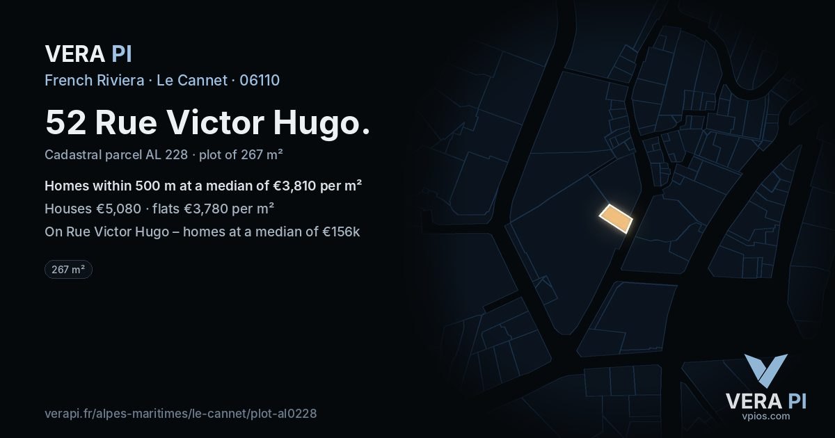 52 Rue Victor Hugo, Le Cannet at night – the plot lit, the parcels around coloured by the prices near them