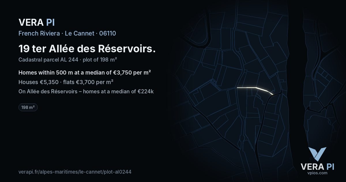 19 ter Allée des Réservoirs, Le Cannet at night – the plot lit, the parcels around coloured by the prices near them