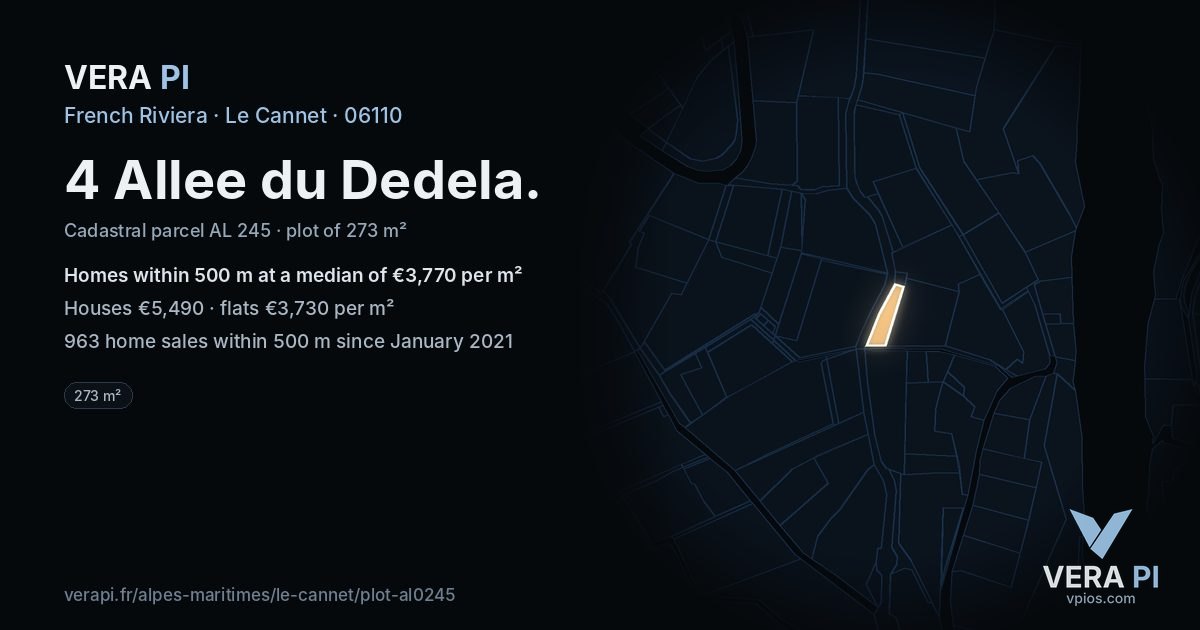 4 Allee du Dedela, Le Cannet at night – the plot lit, the parcels around coloured by the prices near them