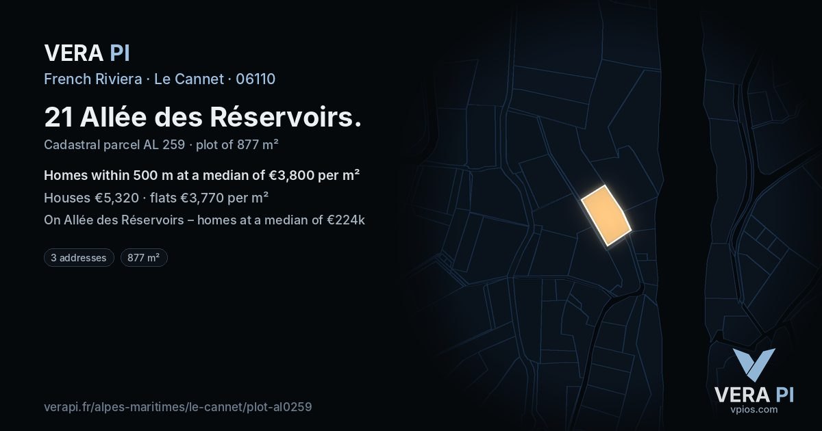 21 Allée des Réservoirs, Le Cannet at night – the plot lit, the parcels around coloured by the prices near them