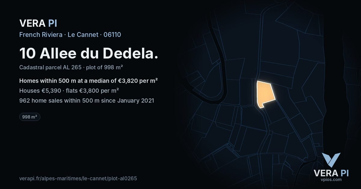 10 Allee du Dedela, Le Cannet at night – the plot lit, the parcels around coloured by the prices near them
