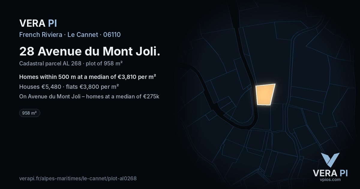 28 Avenue du Mont Joli, Le Cannet at night – the plot lit, the parcels around coloured by the prices near them