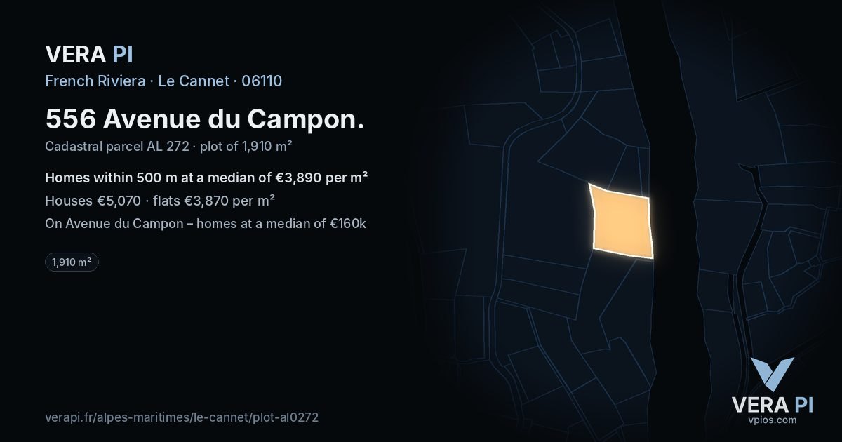 556 Avenue du Campon, Le Cannet at night – the plot lit, the parcels around coloured by the prices near them