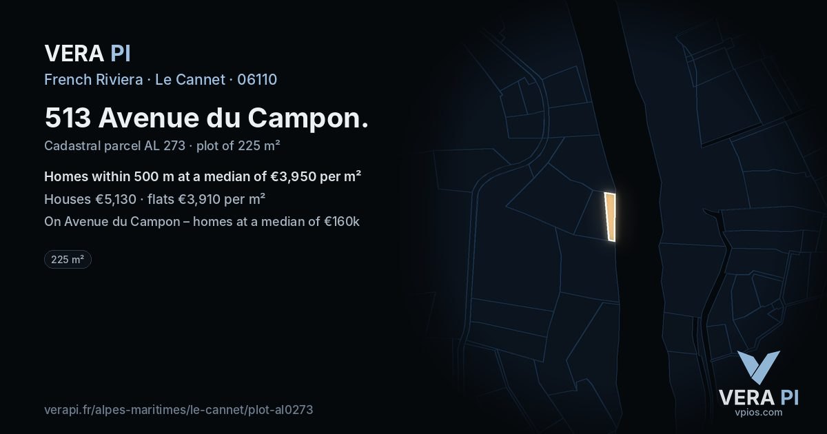 513 Avenue du Campon, Le Cannet at night – the plot lit, the parcels around coloured by the prices near them