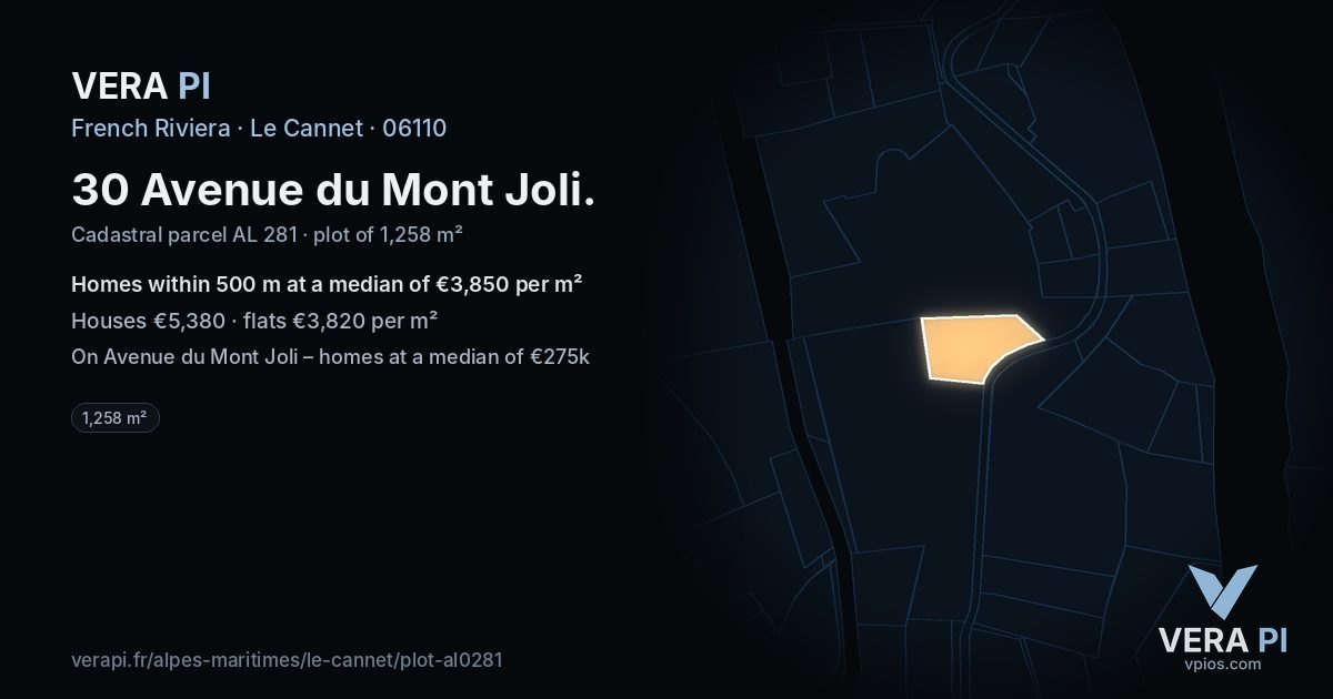30 Avenue du Mont Joli, Le Cannet at night – the plot lit, the parcels around coloured by the prices near them