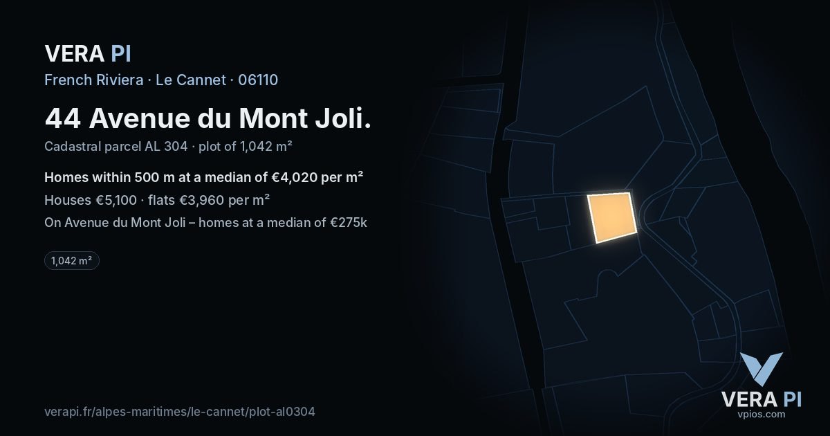 44 Avenue du Mont Joli, Le Cannet at night – the plot lit, the parcels around coloured by the prices near them