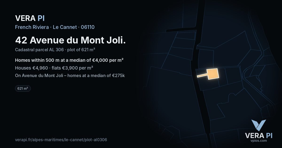 42 Avenue du Mont Joli, Le Cannet at night – the plot lit, the parcels around coloured by the prices near them