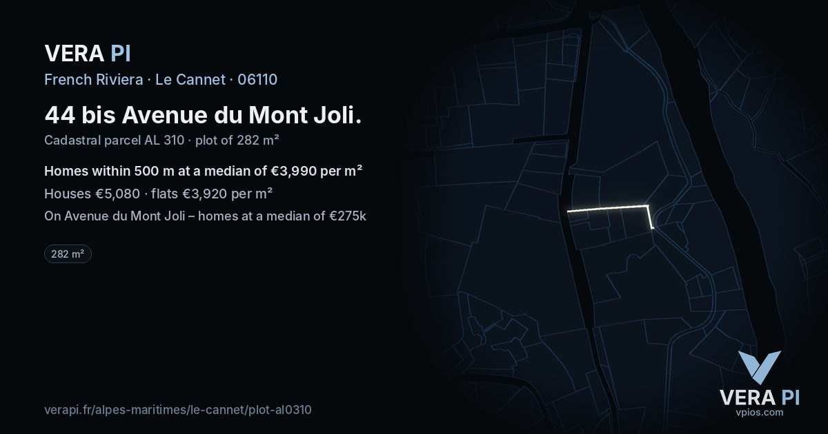 44 bis Avenue du Mont Joli, Le Cannet at night – the plot lit, the parcels around coloured by the prices near them