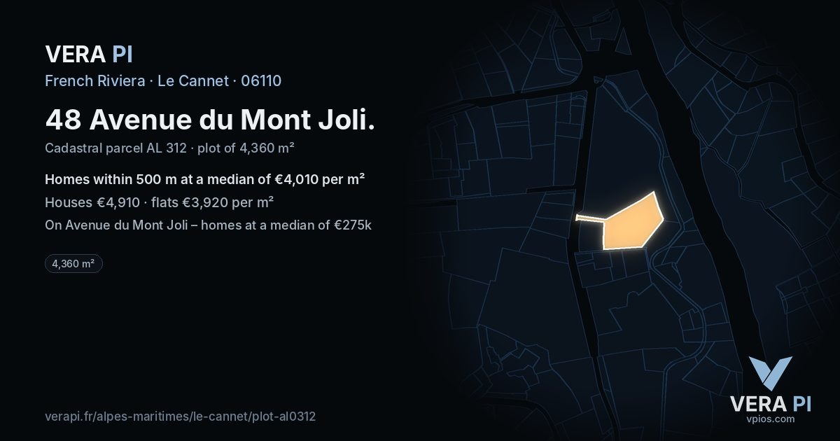 48 Avenue du Mont Joli, Le Cannet at night – the plot lit, the parcels around coloured by the prices near them