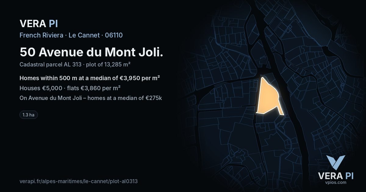 50 Avenue du Mont Joli, Le Cannet at night – the plot lit, the parcels around coloured by the prices near them