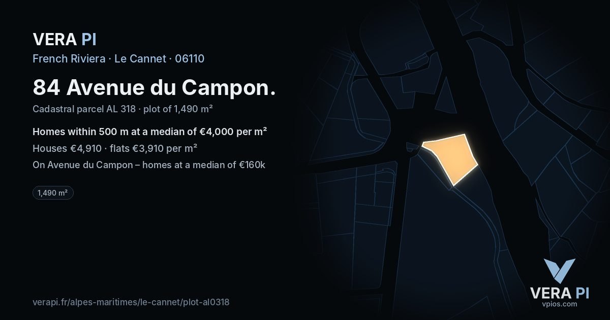 84 Avenue du Campon, Le Cannet at night – the plot lit, the parcels around coloured by the prices near them