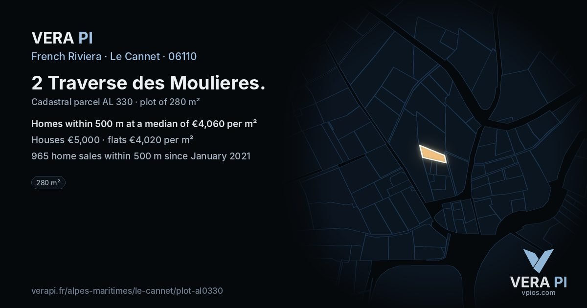 2 Traverse des Moulieres, Le Cannet at night – the plot lit, the parcels around coloured by the prices near them