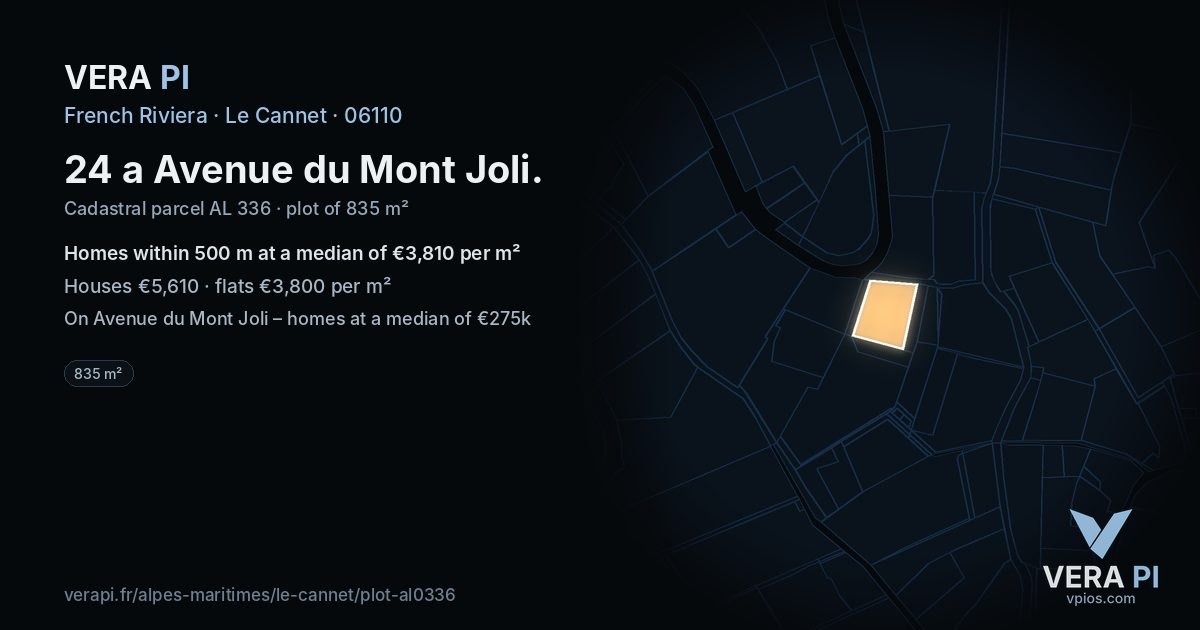 24 a Avenue du Mont Joli, Le Cannet at night – the plot lit, the parcels around coloured by the prices near them