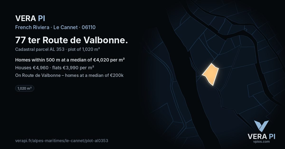 77 ter Route de Valbonne, Le Cannet at night – the plot lit, the parcels around coloured by the prices near them