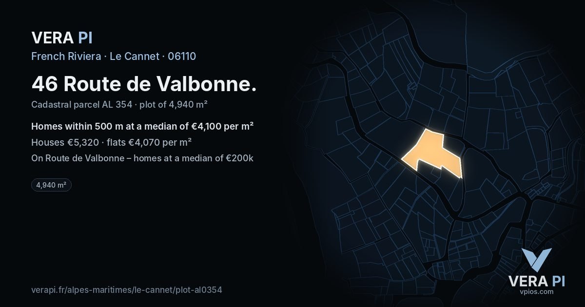 46 Route de Valbonne, Le Cannet at night – the plot lit, the parcels around coloured by the prices near them