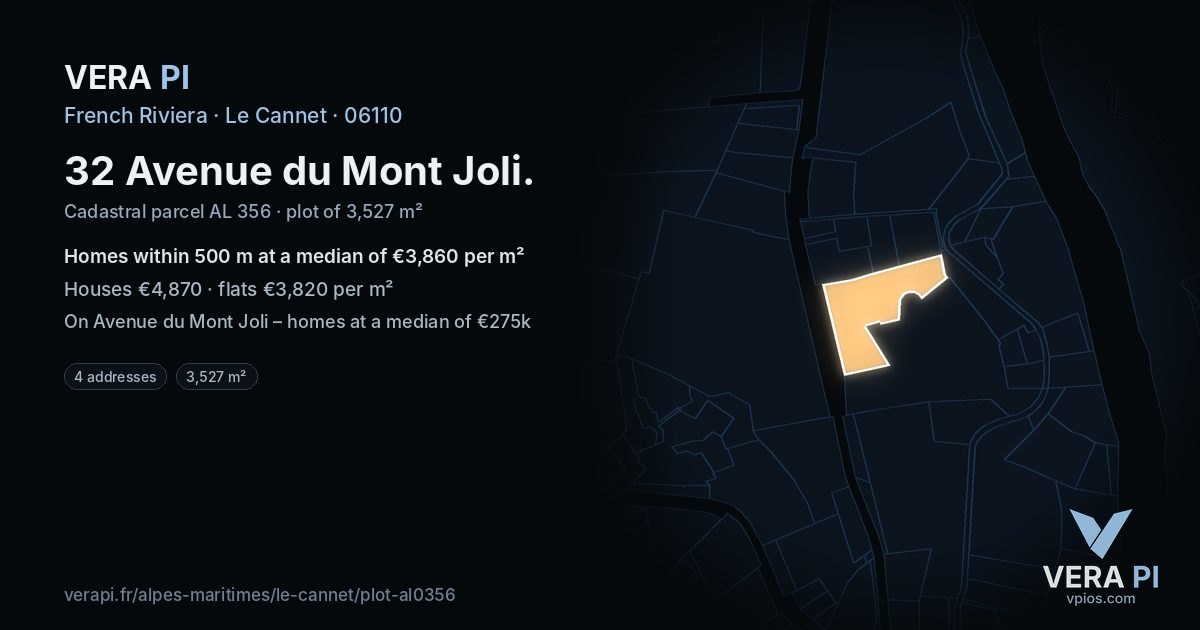 32 Avenue du Mont Joli, Le Cannet at night – the plot lit, the parcels around coloured by the prices near them