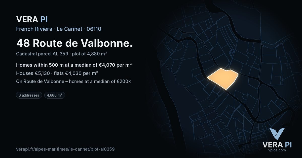 48 Route de Valbonne, Le Cannet at night – the plot lit, the parcels around coloured by the prices near them