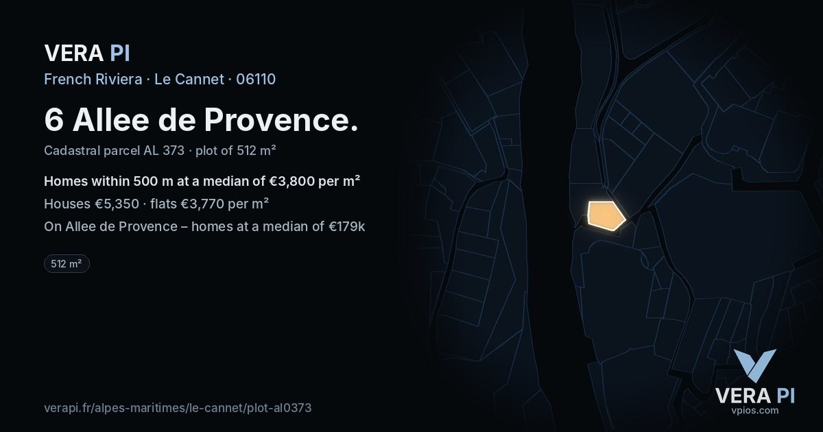 6 Allee de Provence, Le Cannet at night – the plot lit, the parcels around coloured by the prices near them