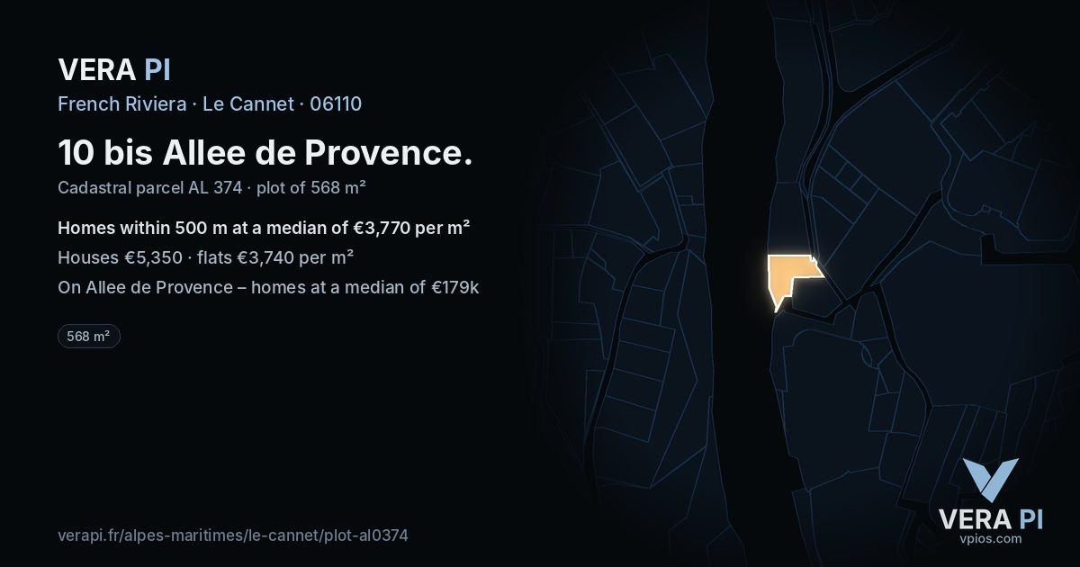 10 bis Allee de Provence, Le Cannet at night – the plot lit, the parcels around coloured by the prices near them