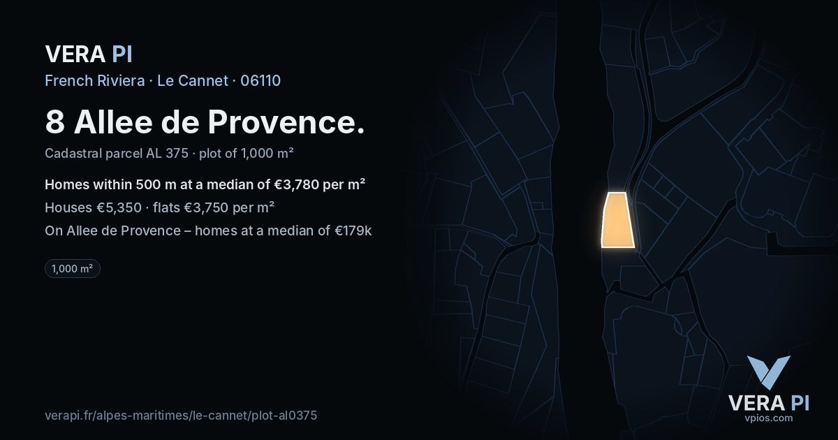 8 Allee de Provence, Le Cannet at night – the plot lit, the parcels around coloured by the prices near them