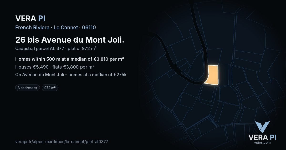 26 bis Avenue du Mont Joli, Le Cannet at night – the plot lit, the parcels around coloured by the prices near them