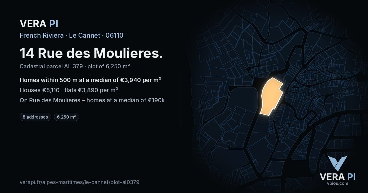 14 Rue des Moulieres, Le Cannet at night – the plot lit, the parcels around coloured by the prices near them