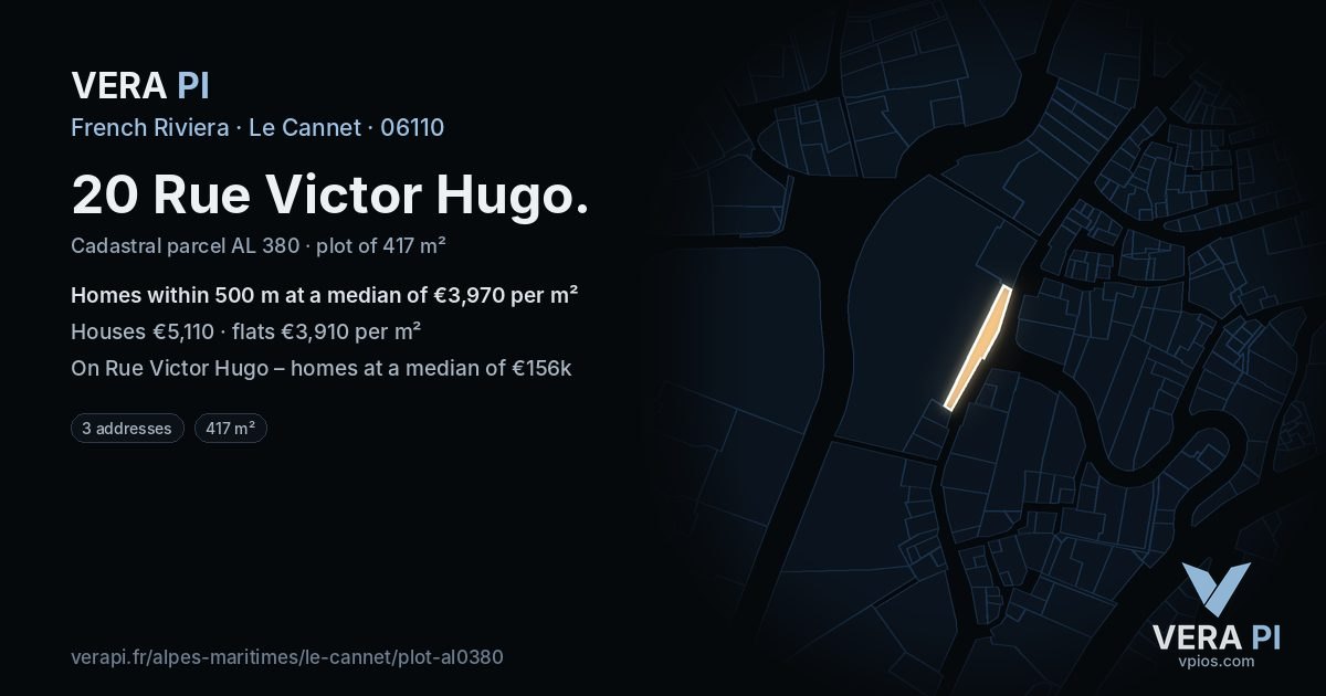 20 Rue Victor Hugo, Le Cannet at night – the plot lit, the parcels around coloured by the prices near them