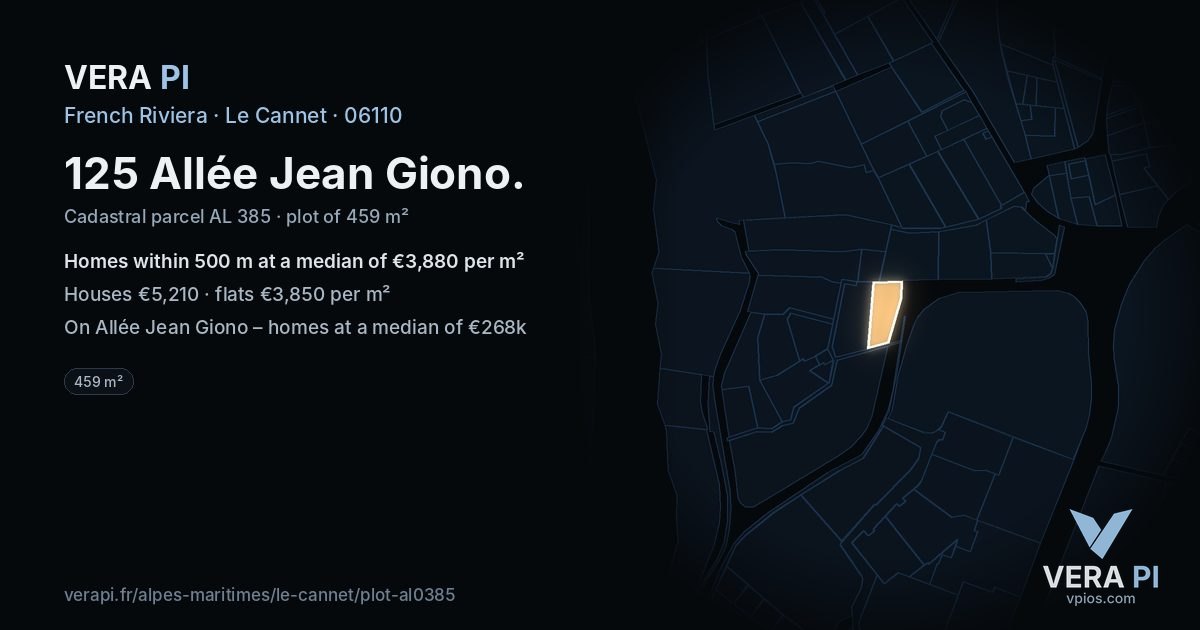 125 Allée Jean Giono, Le Cannet at night – the plot lit, the parcels around coloured by the prices near them