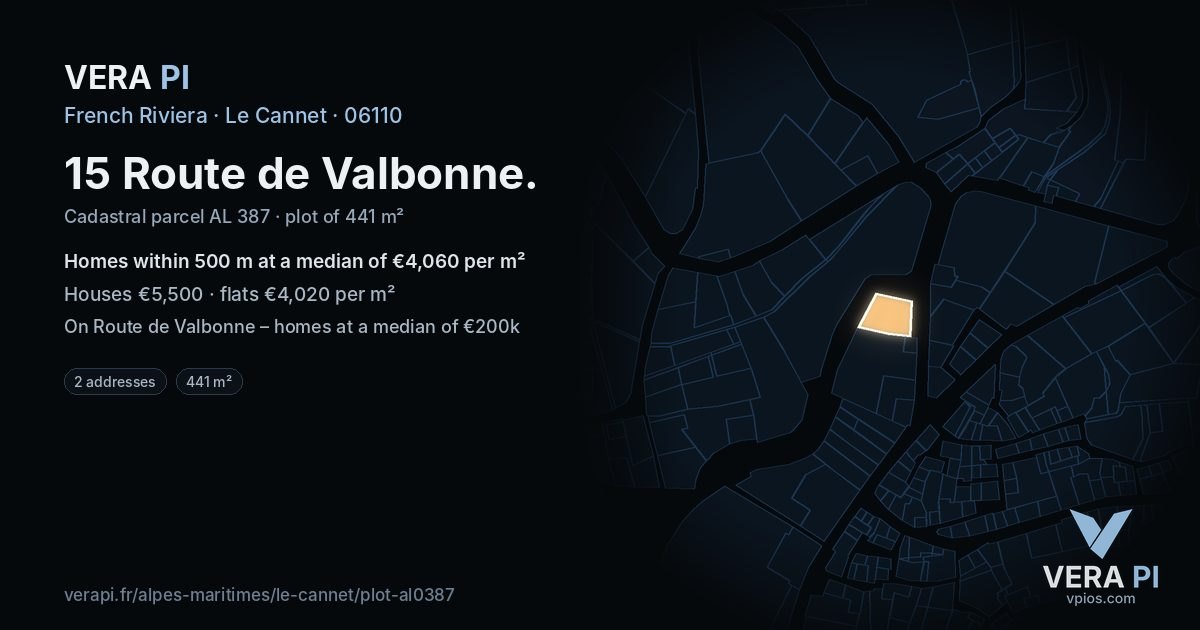 15 Route de Valbonne, Le Cannet at night – the plot lit, the parcels around coloured by the prices near them