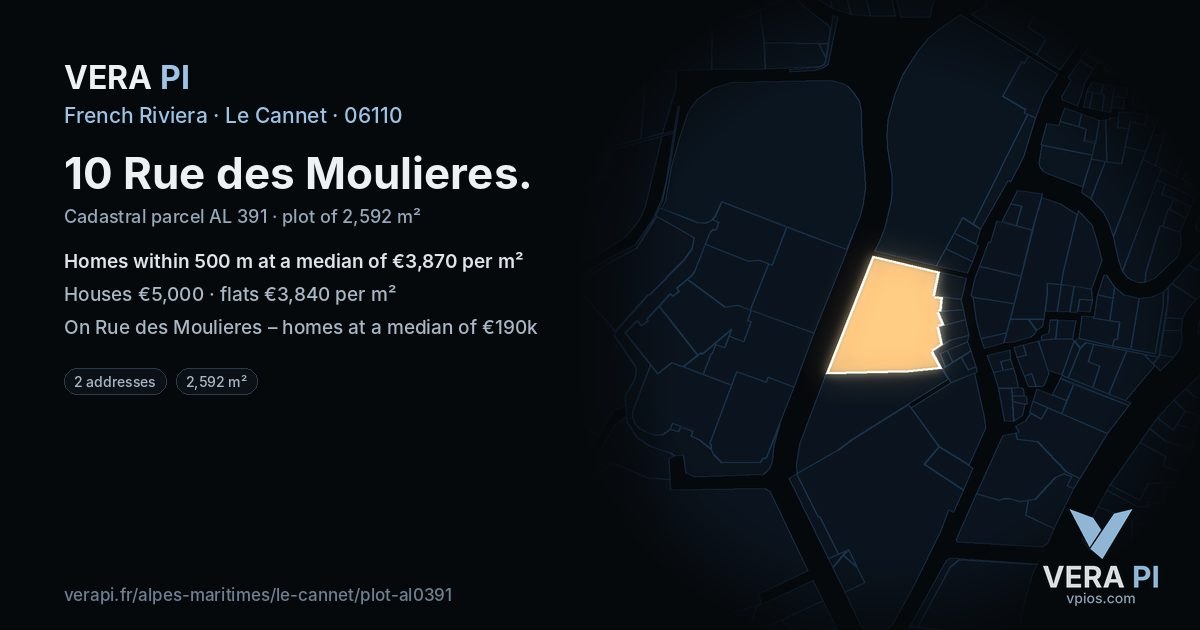 10 Rue des Moulieres, Le Cannet at night – the plot lit, the parcels around coloured by the prices near them