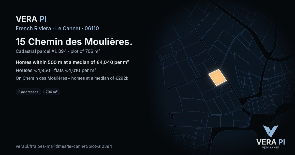 15 Chemin des Moulières, Le Cannet at night – the plot lit, the parcels around coloured by the prices near them