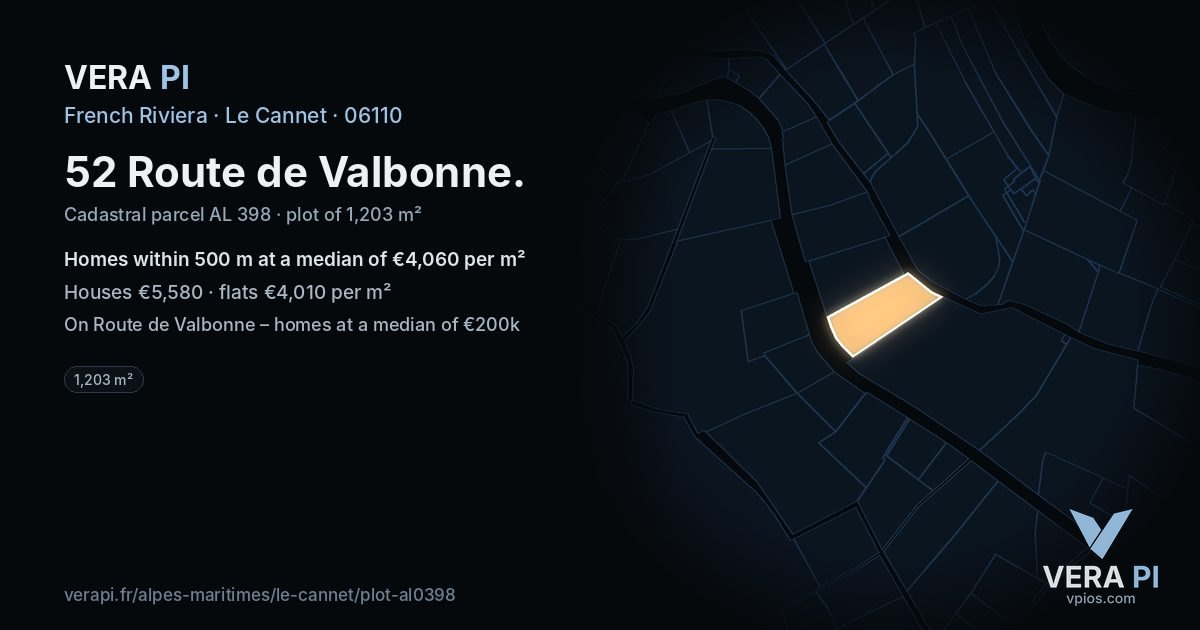 52 Route de Valbonne, Le Cannet at night – the plot lit, the parcels around coloured by the prices near them