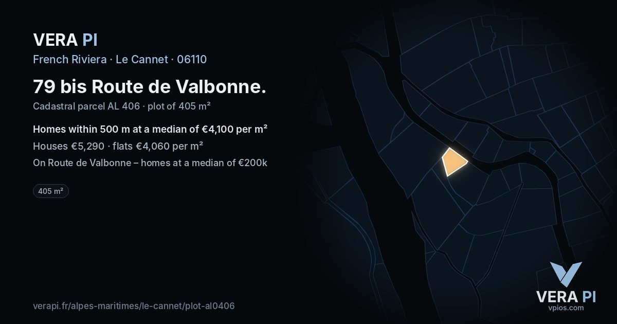 79 bis Route de Valbonne, Le Cannet at night – the plot lit, the parcels around coloured by the prices near them
